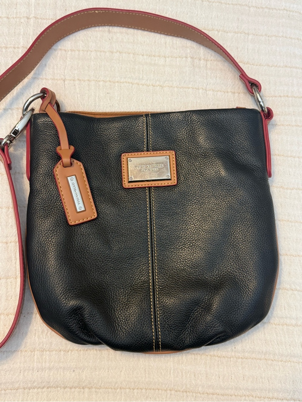 Tignanello Black Shoulder Bag with Tan Trim and Pink Piping